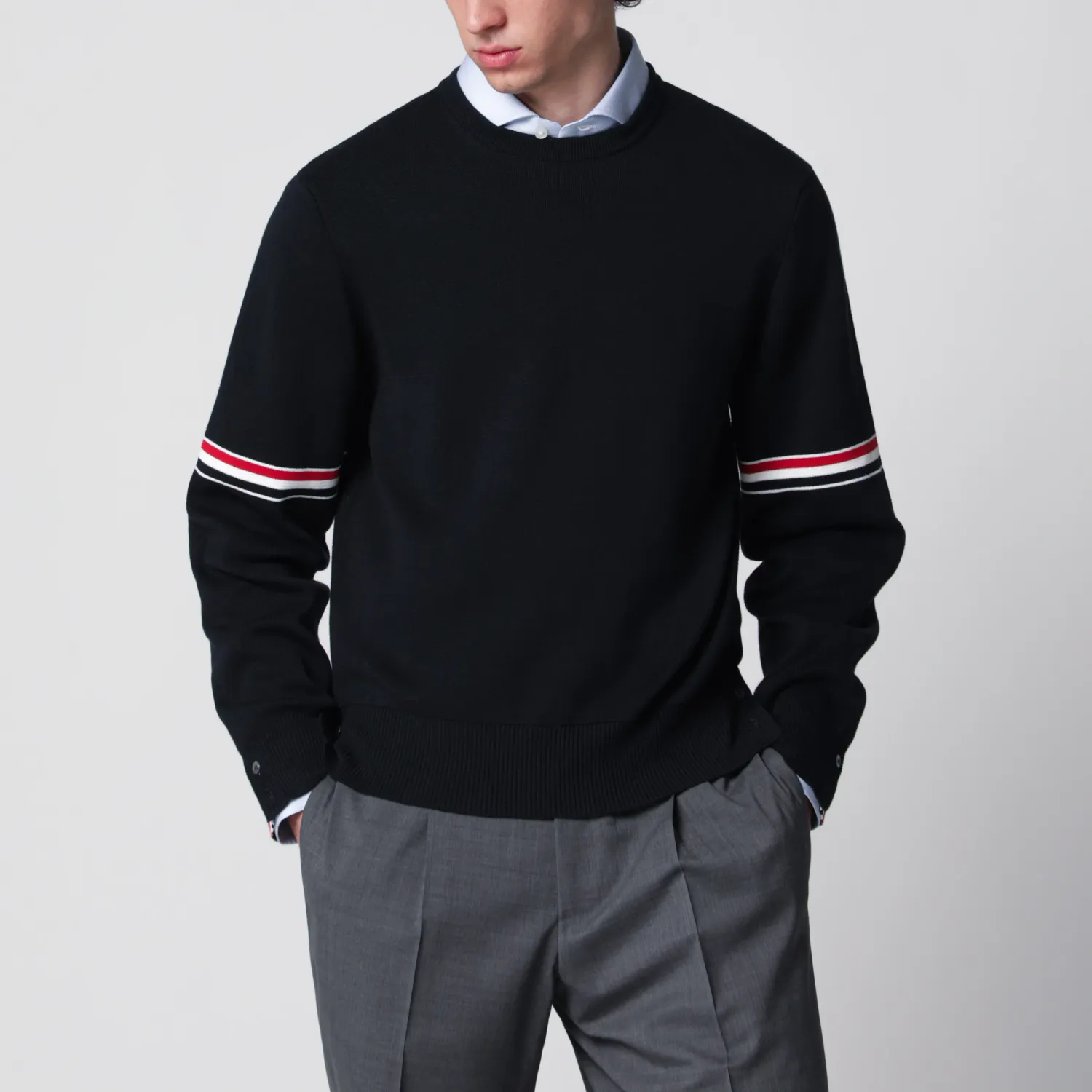 Thom Browne Navy blue cotton sweater with tricolor details