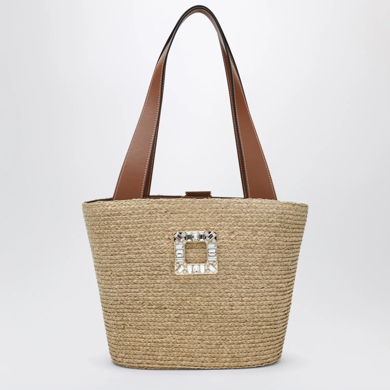 ROGER VIVIER Viv' Skate Shopping Bag in Beige/Cognac Raffia