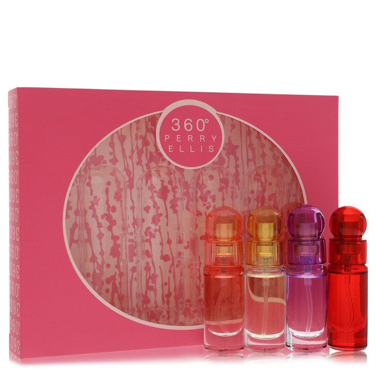 perry ellis 360 Gift Set -- Four piece Travel Gift Set Includes Mini Eau de Parfum Spray of each. 360 Coral, 360 For Women, 360 Purple, 360 Red. for Women 0.25 oz (7.5 ml)