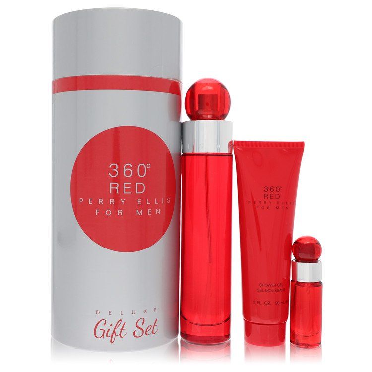 Perry Ellis 360 Red Gift Set -- 3.4 oz Eau de Toilette Spray + .25 oz Mini EDT Spray + 3 oz Shower Gel in Tube Box for Men