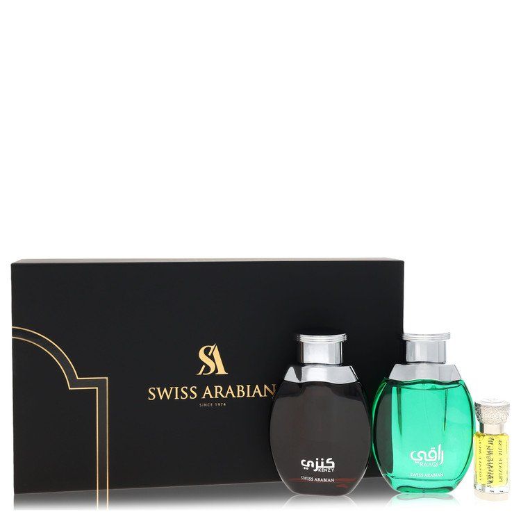 Kenzy by Swiss Arabian Gift Set -- 2 x 3.4 oz Eau de Parfum in Raaqi &amp; Kenzy + .4 oz Concentrated Perfume Oil in Private Musk for Men