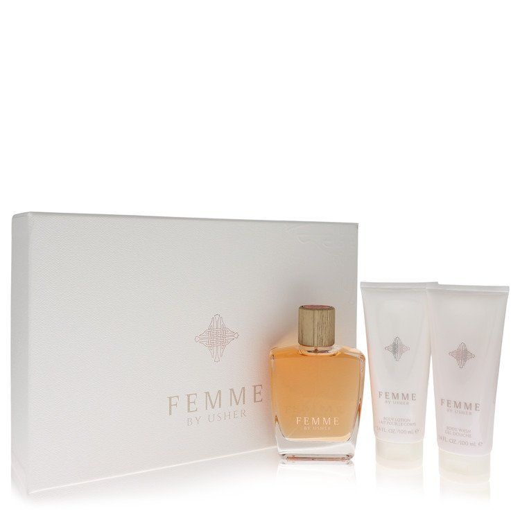 Usher Femme Gift Set -- 3.4 oz Eau de Parfum Spray + 3.4 oz Body Lotion + 3.4 oz Shower Gel for Women