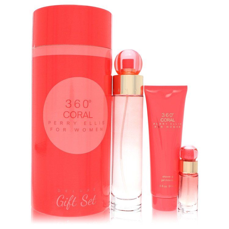 Perry Ellis 360 Coral Gift Set -- 3.4 oz Eau de Parfum Spray + .25 oz Mini EDP Spray + 3 oz Shower Gel for Women