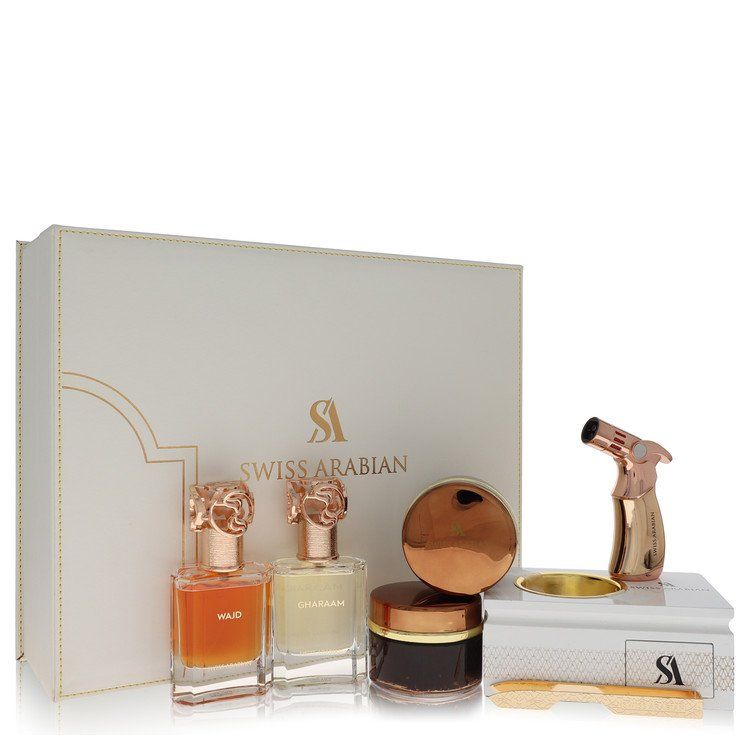 Swiss Arabian Bakhoor Dukhoon Al Haram Gift Set -- Contains 2 x 1.7 oz Eau De Parfum in Wajd &amp; Gharaam + 2 x 60 grams of Incense in Dukhoon Al Haram &amp; Oud Muattar Mumtaz for Men