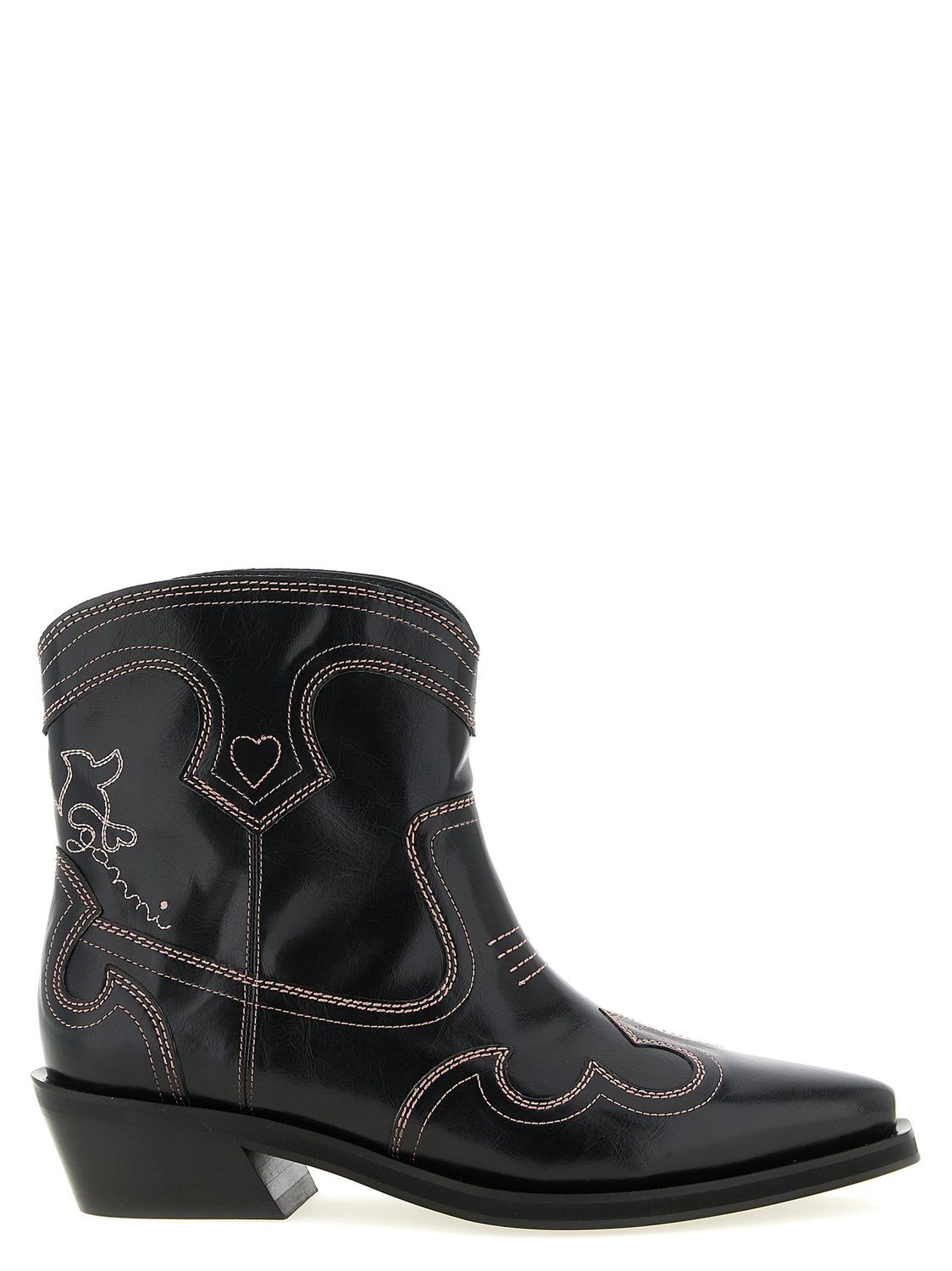 Ganni Low Shaft Embroidered Western Ankle Boots