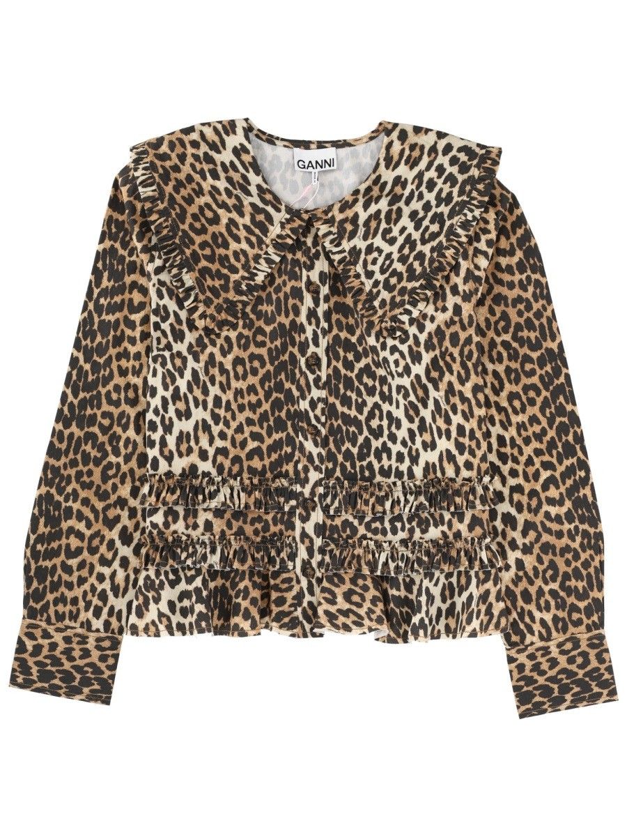 GANNI Animal-Print Wide-Collar Shirt