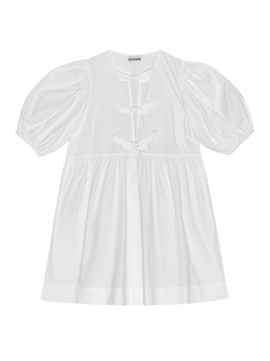 GANNI White Cotton Poplin Tie-Front Mini Dress