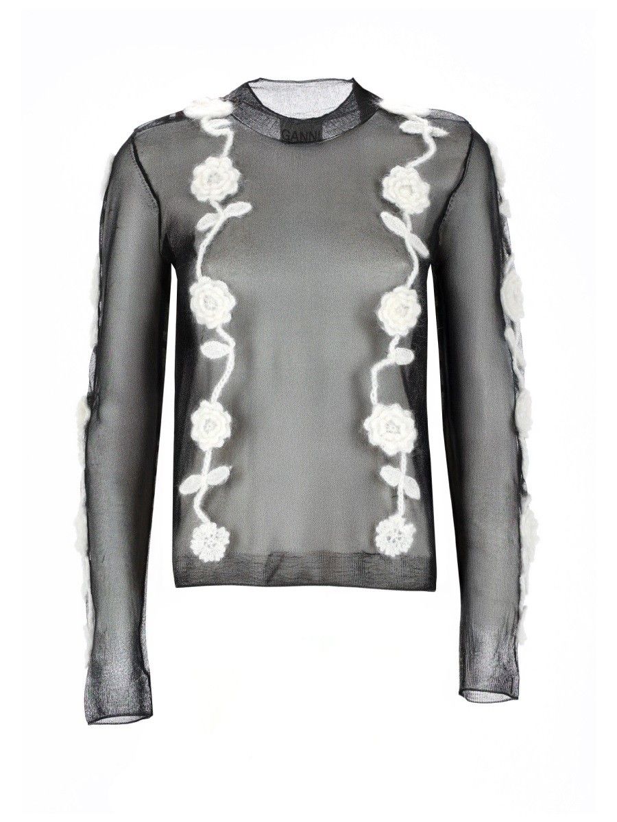GANNI Black Mesh Top