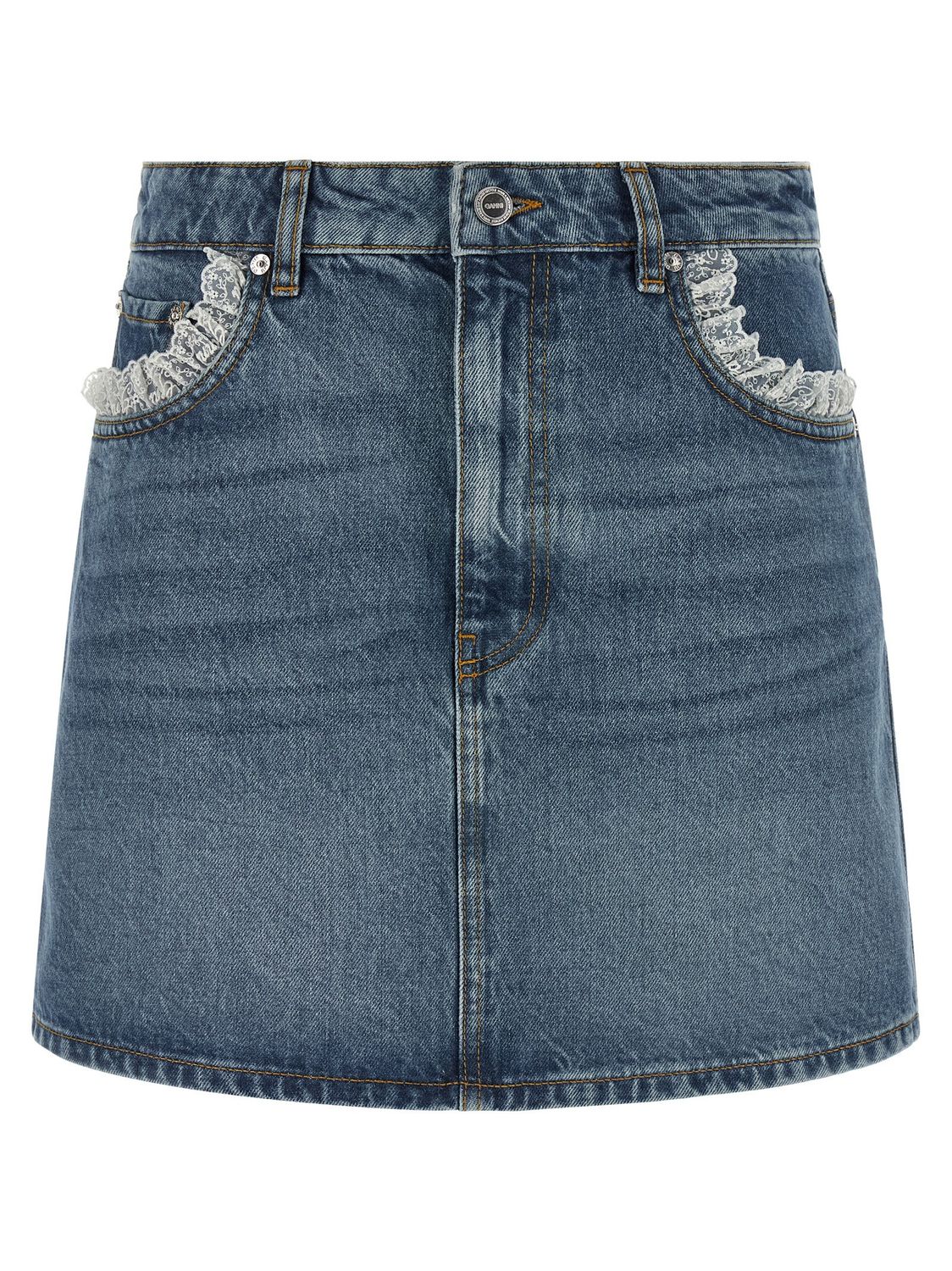 GANNI Blue Denim-and-Lace Skirt