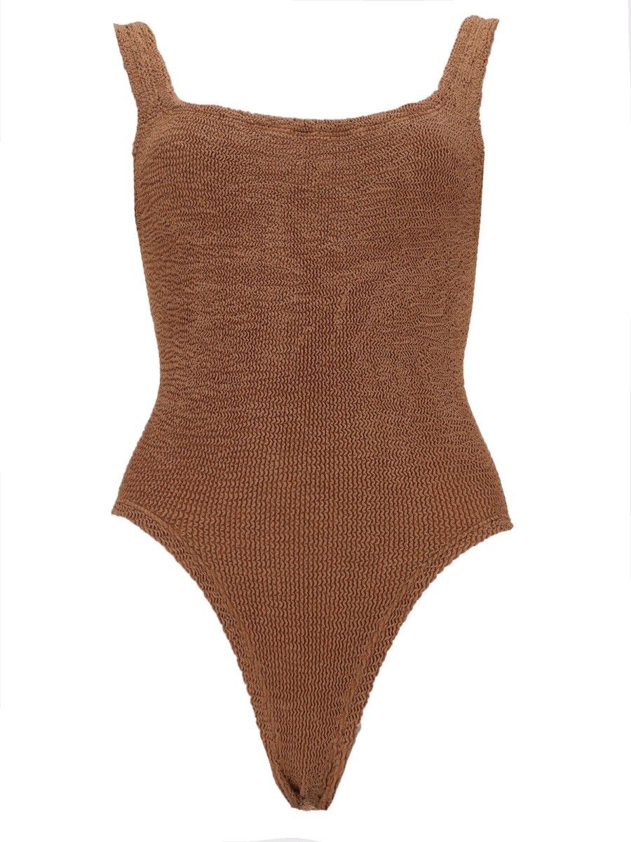 HUNZA G Square Neck Swim Brown One-Piece Swimsuit