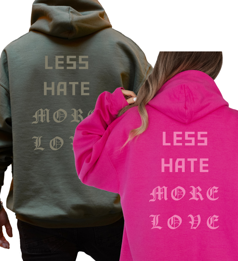 Hoodie adult, &#39;Less Hate More Love&#39; text on back &#39;M&#39; logo on front