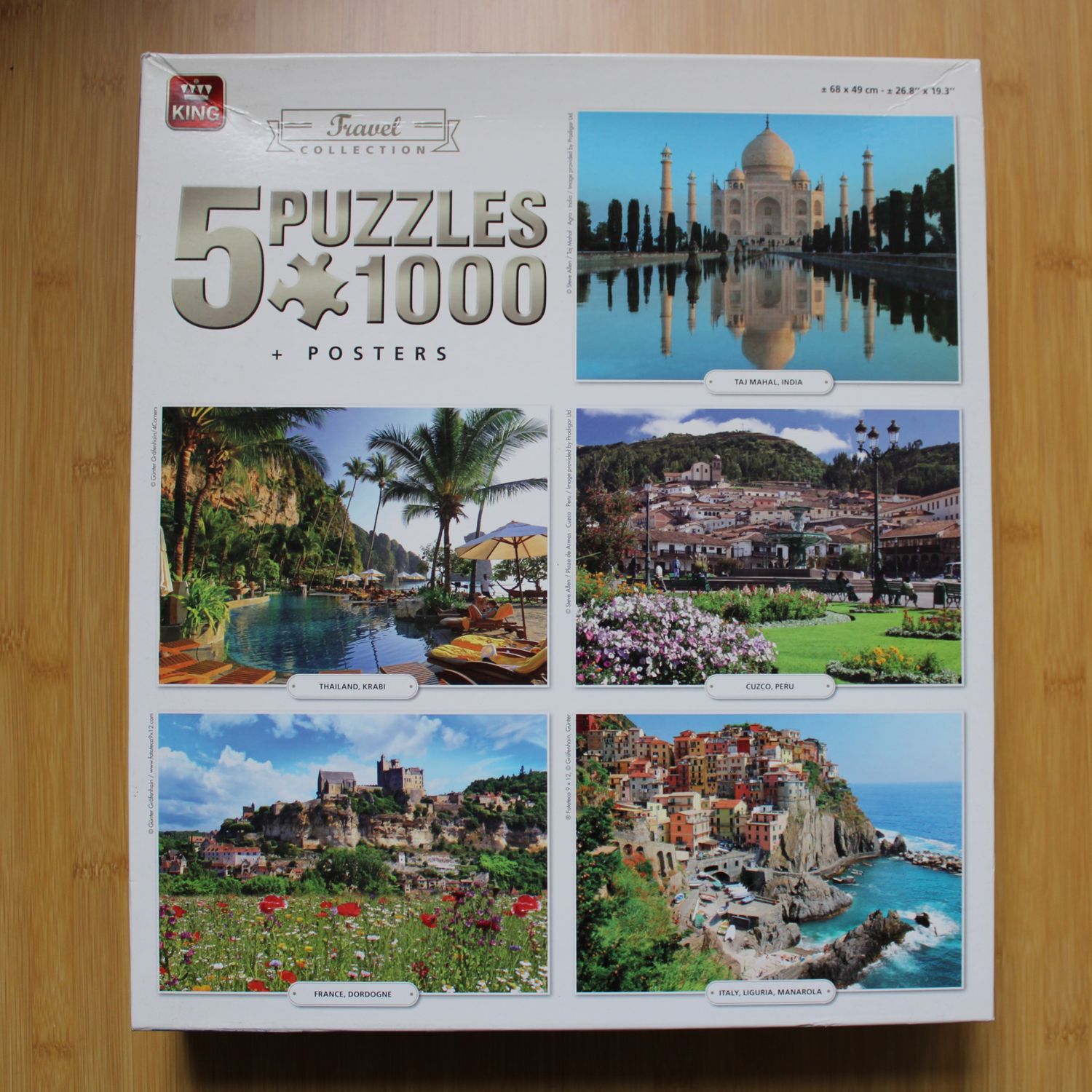 Puzzel 5 x 1000 stukjes - Taj Mahal, Krabi, Cuzco, Dordogne, Manarola