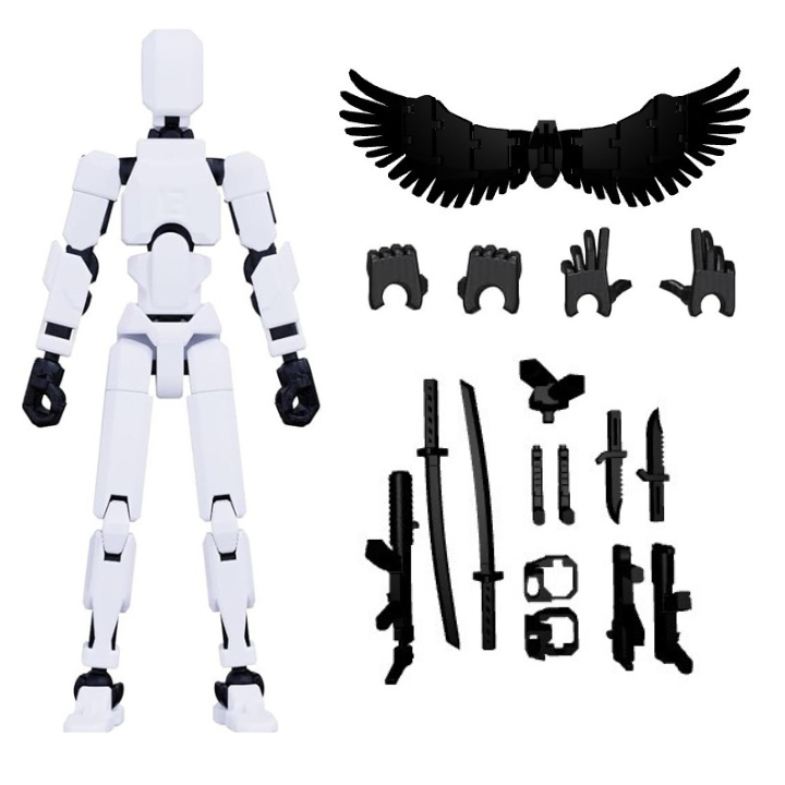CERO T13 Action Figures Fidget Dummy 13 Robot Anime Figures Multi Joints Movable Cool Gadget 3D Printed (Black and White PLA)