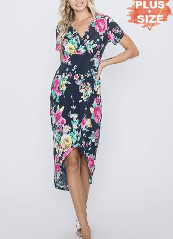 Navy/Fuchsia Floral Hi-Low Dress