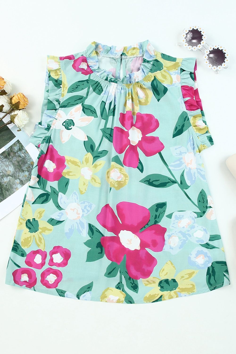 Green Floral Ruffle Tank Top, Size: S