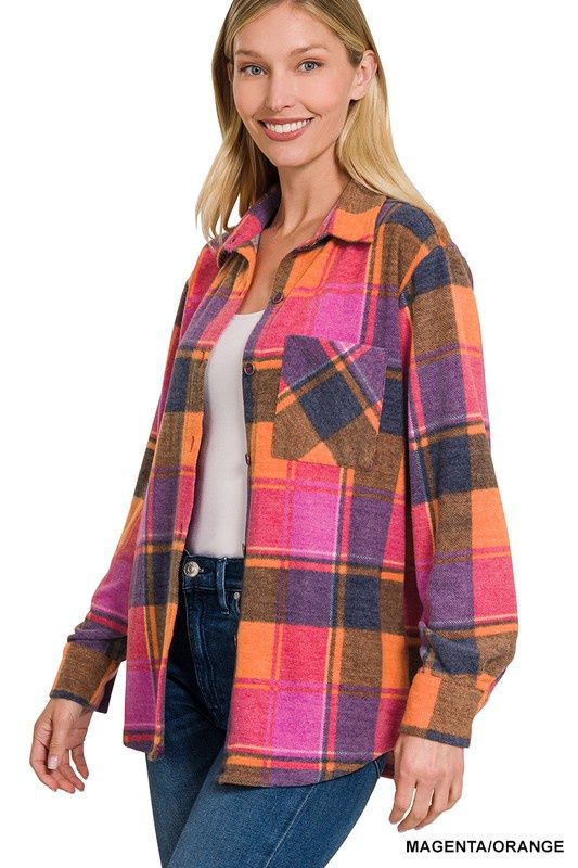 Jaquard Plaid Shacket w/Pockets, Colour: Magenta/Orange, Size: S
