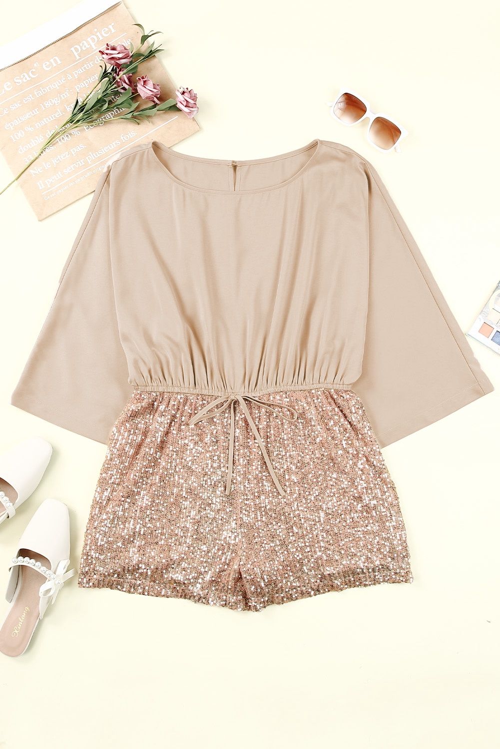 Khaki Sequin Drawstring High Waist Romper, Size: S