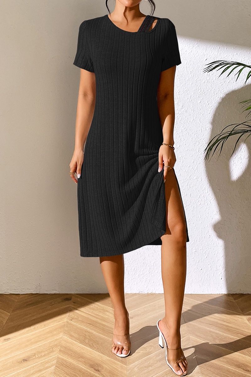 Ribbed Asymmetrical Neck Short Sleeve Dress, Colour: Black, Size: M