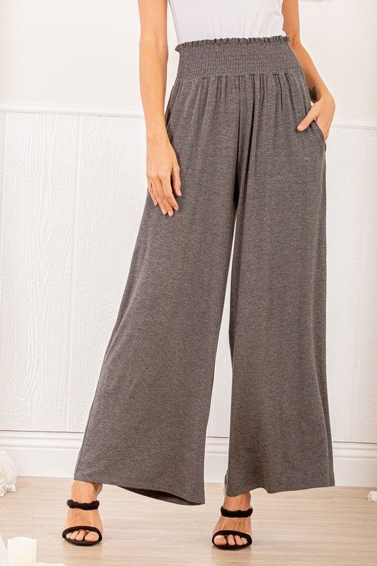 Smocked Wide Leg Pants with Pockets, Colour: Charcoal, Size: 1X