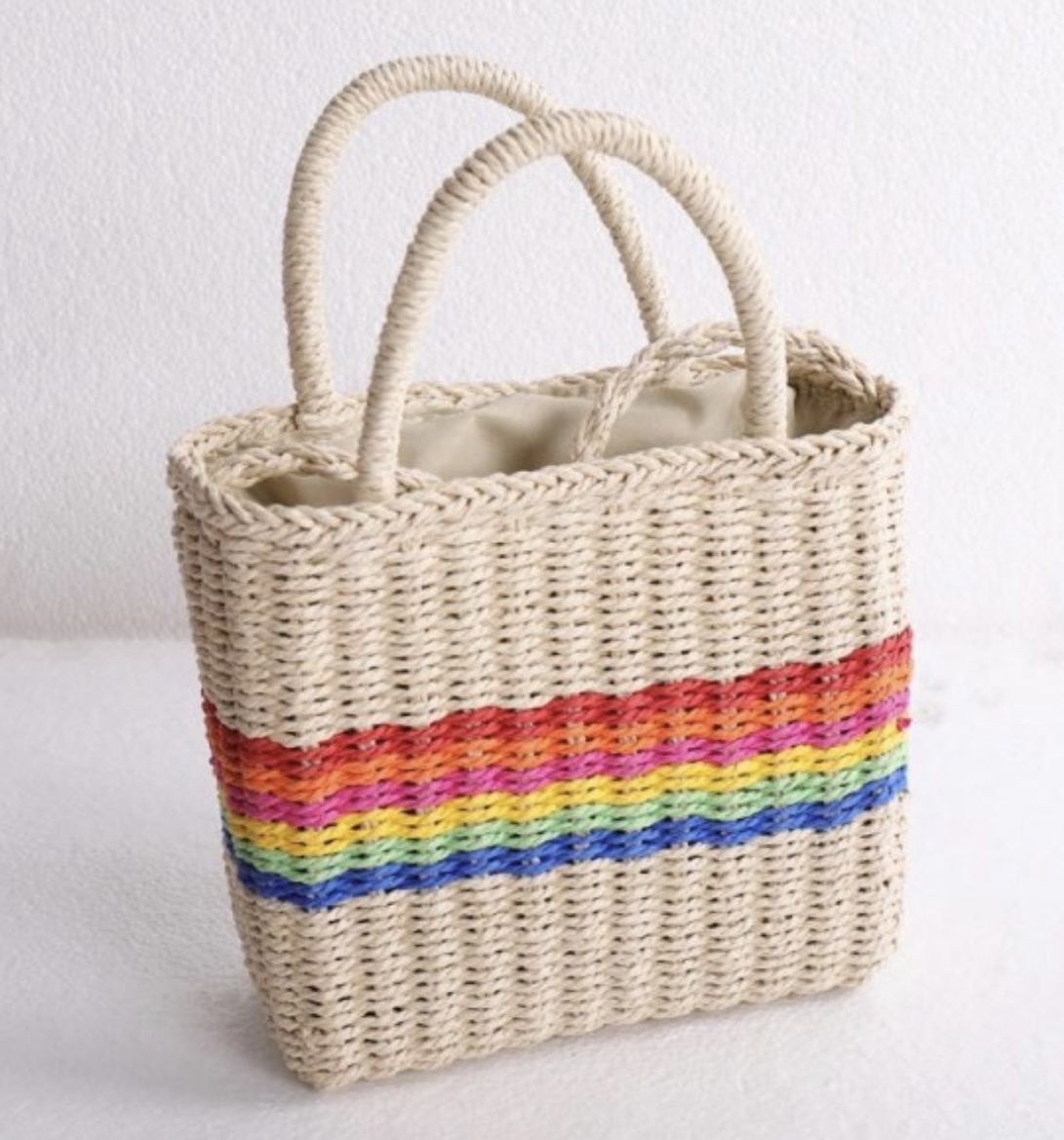 Cream Straw Woven Rainbow Striped Mini Tote
