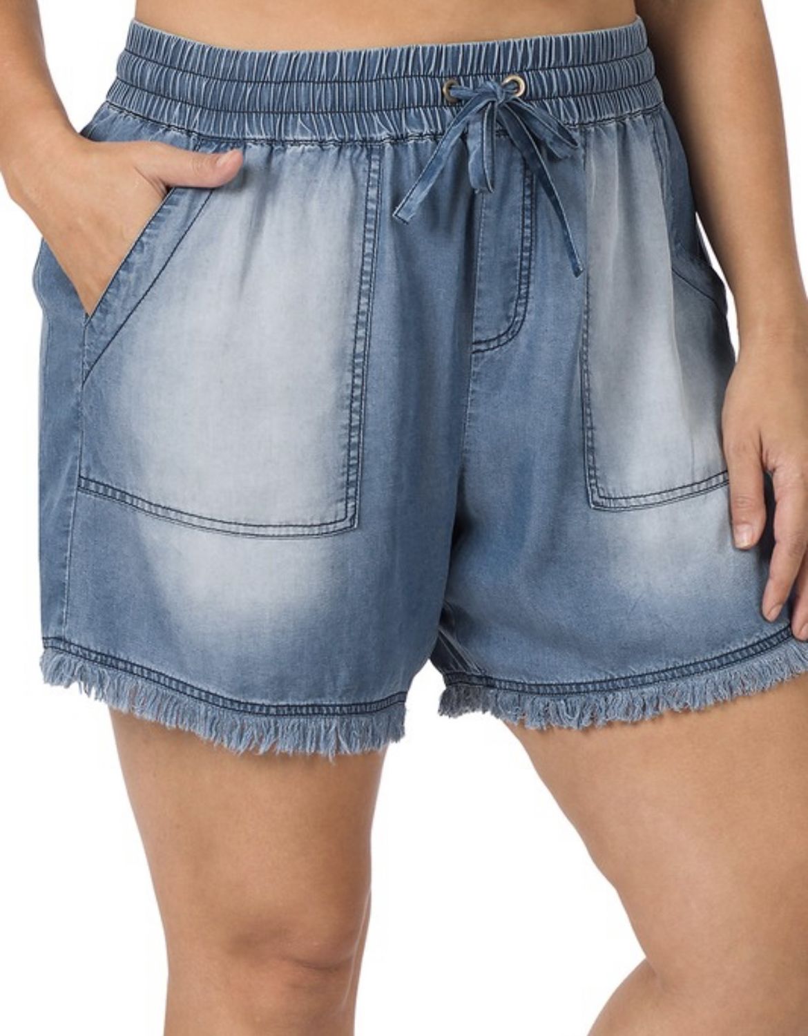 Chambray Frayed Hem Shorts, Size: 3X