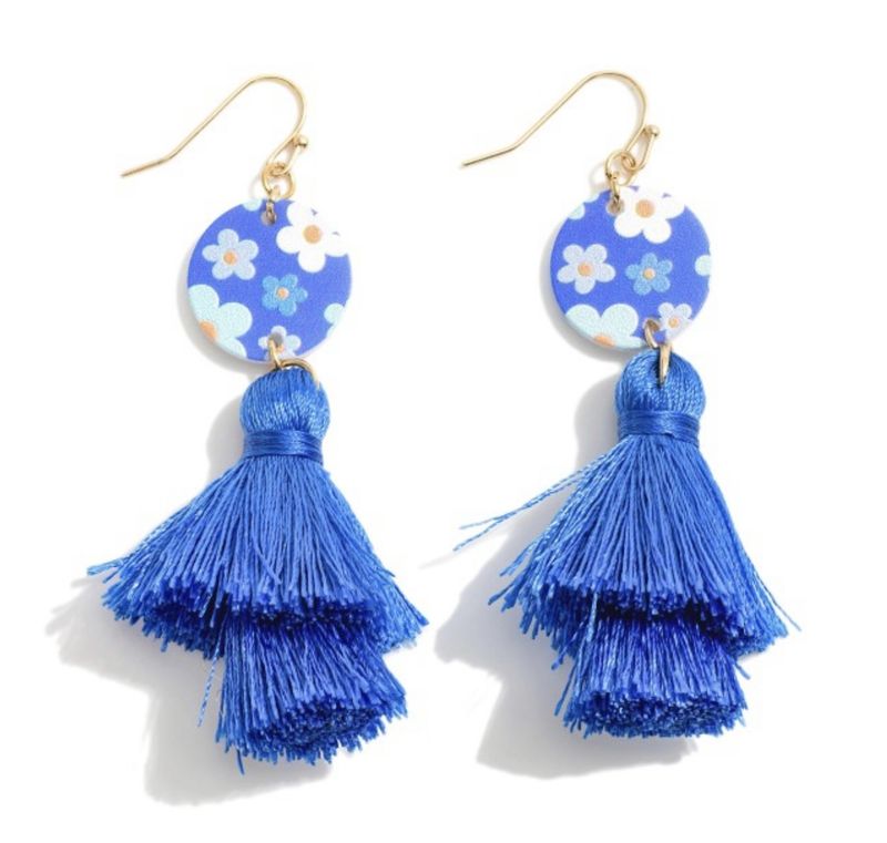 Blue Flower Drop Earring with Tassel Detail