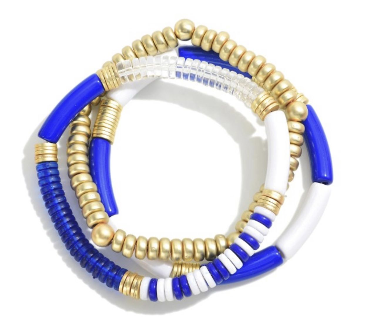 Set 3 Stretch Bracelet w/Multiple Bead Types, Colour: White/Blue