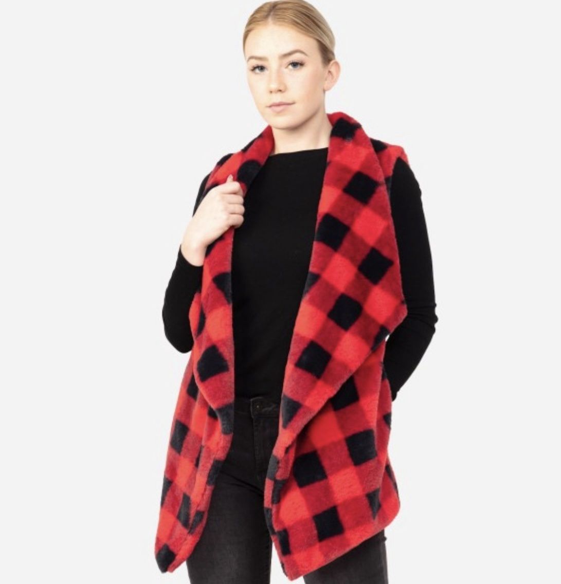Faux Fur Buffalo Check Vest, Colour: Red