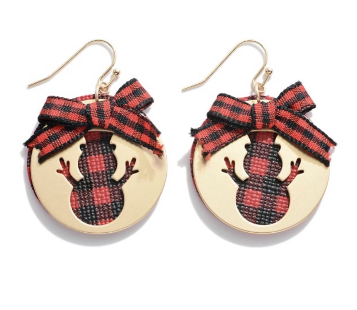 Plaid Christmas Drop Earrings w/Outlined Disc Snowman &amp; Bow Accents