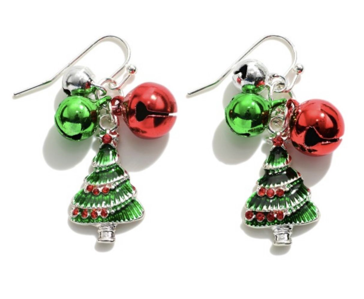 Silver Tone Christmas Drop Earrings Featuring Bells &amp; Glitter Christmas Tree