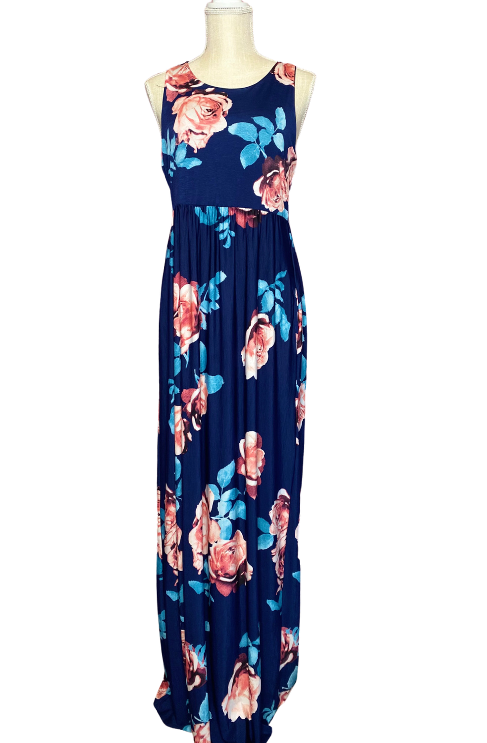 Navy Floral Print Maxi Dress, Size: 3X