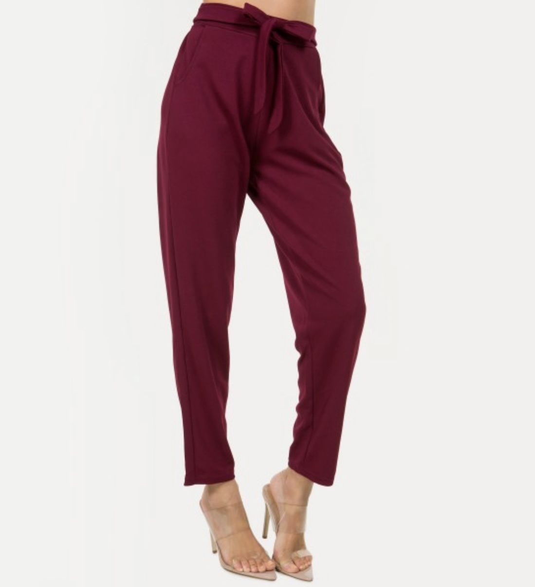 Crepe Ribbon Waist Straight Pocket Slacks, Colour: Burgundy, Size: S/M