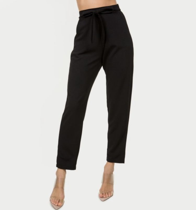Crepe Ribbon Waist Straight Pocket Slacks