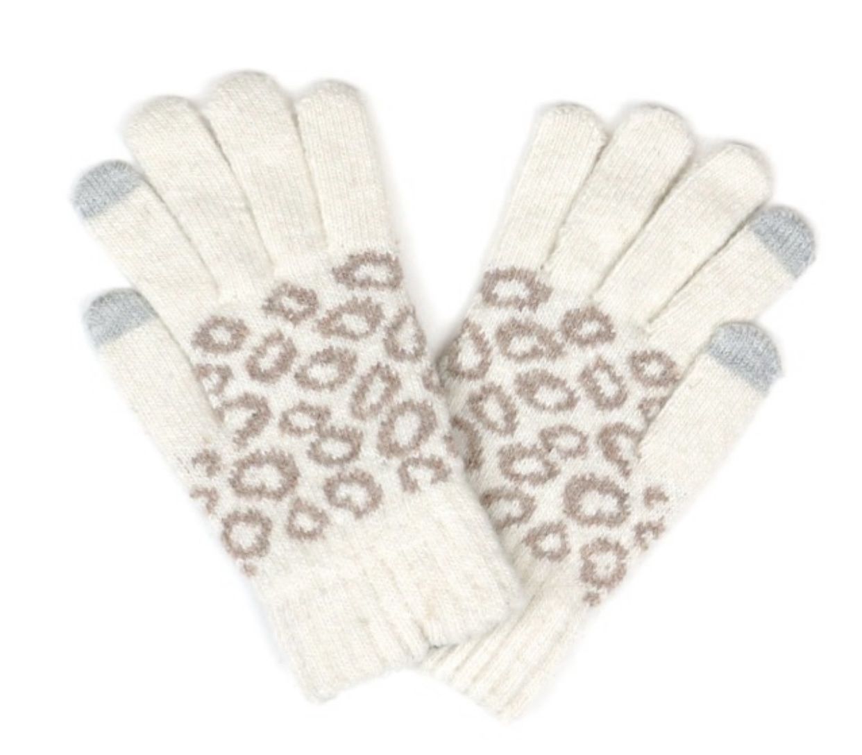 Leopard Knit Smart Touch Gloves, Colour: Ivory