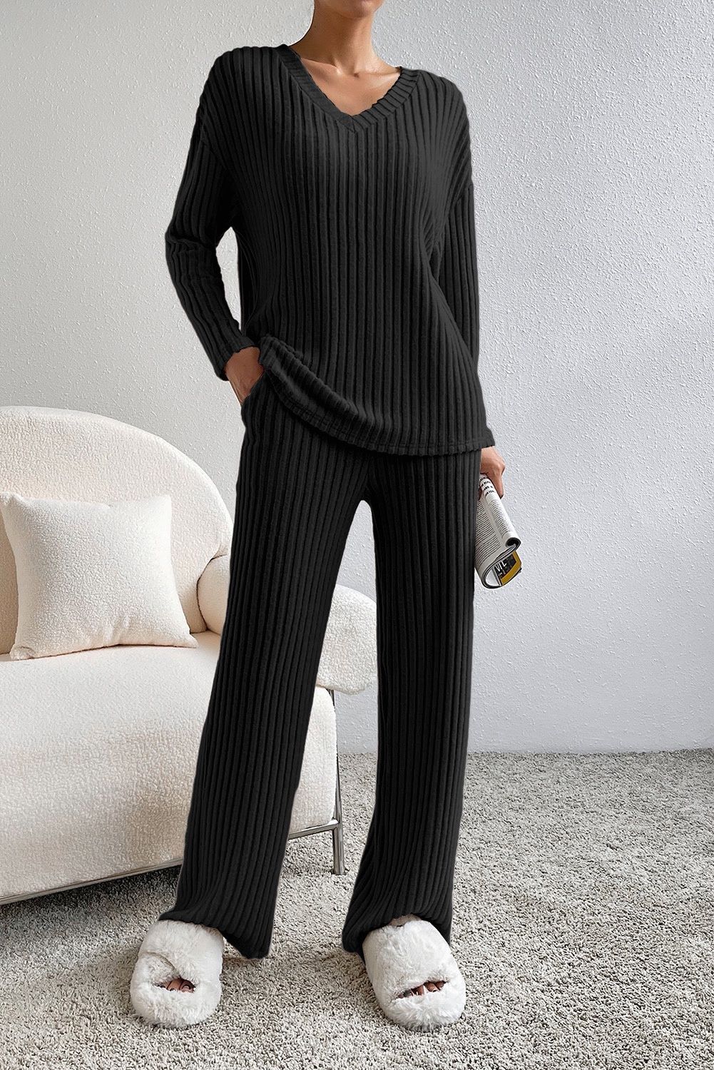 Ribbed Top &amp; Pants Loungewear Sets, Colour: Black, Size: S