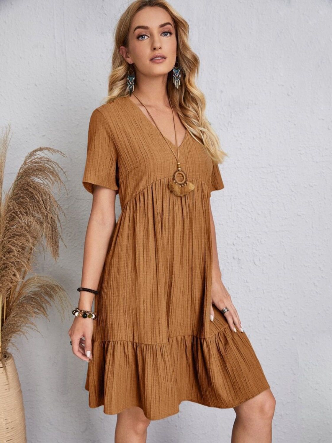 Short Sleeve Dress, Colour: Camel, Size: S