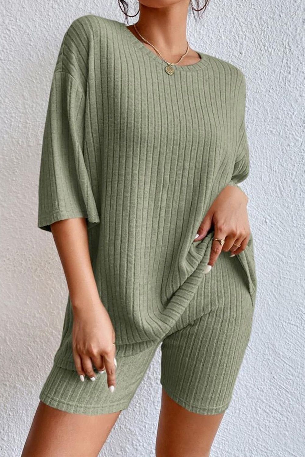 Ribbed Top &amp; Short Loungewear Sets, Colour: Sage, Size: S