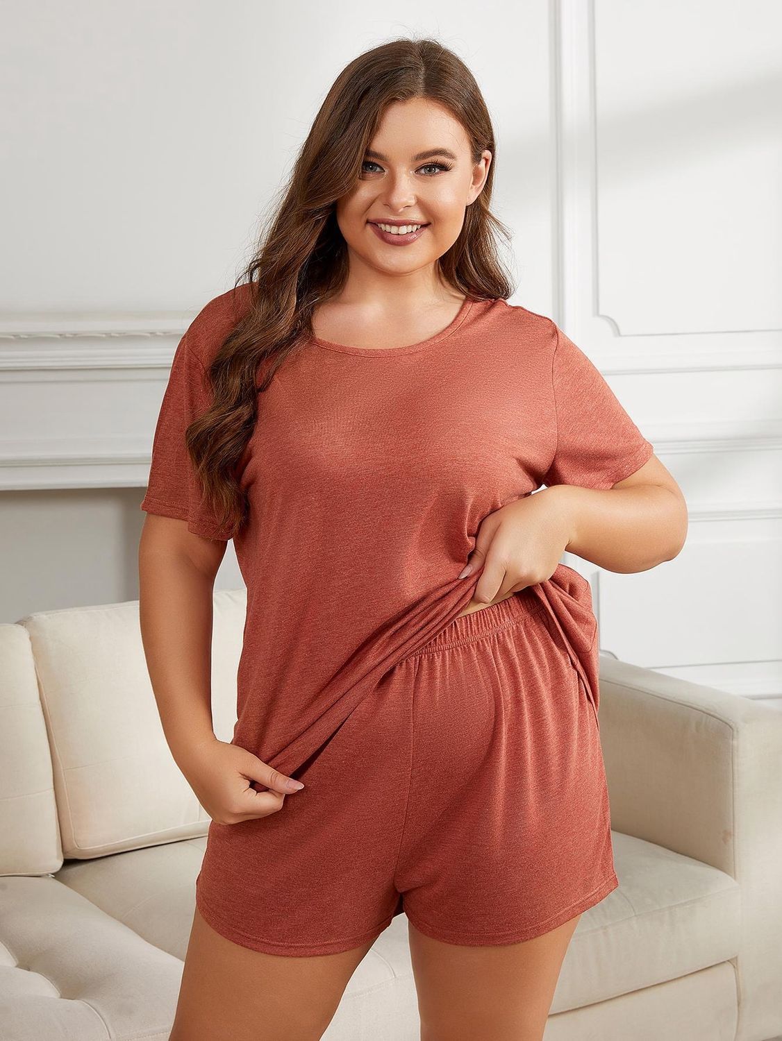 Round Neck Top &amp; Shorts Loungewear Set, Colour: Rust, Size: 1X