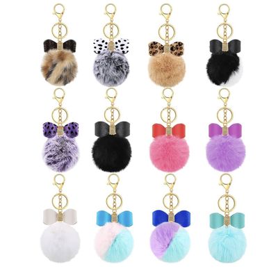 Bow Rhinestone Fluffy PomPom Keychain