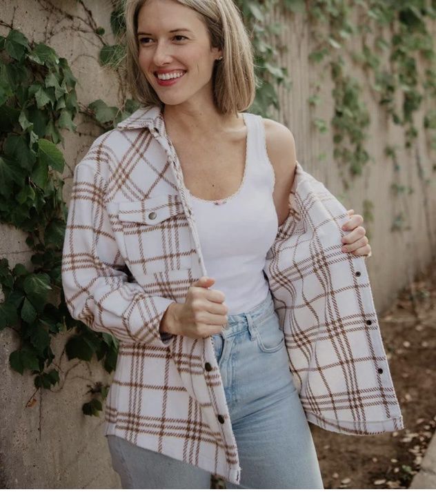 Tan Cream Plaid Shacket, Size: M
