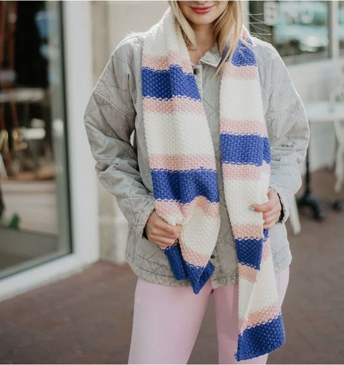 Pink Blue Stripe Crochet Scarf