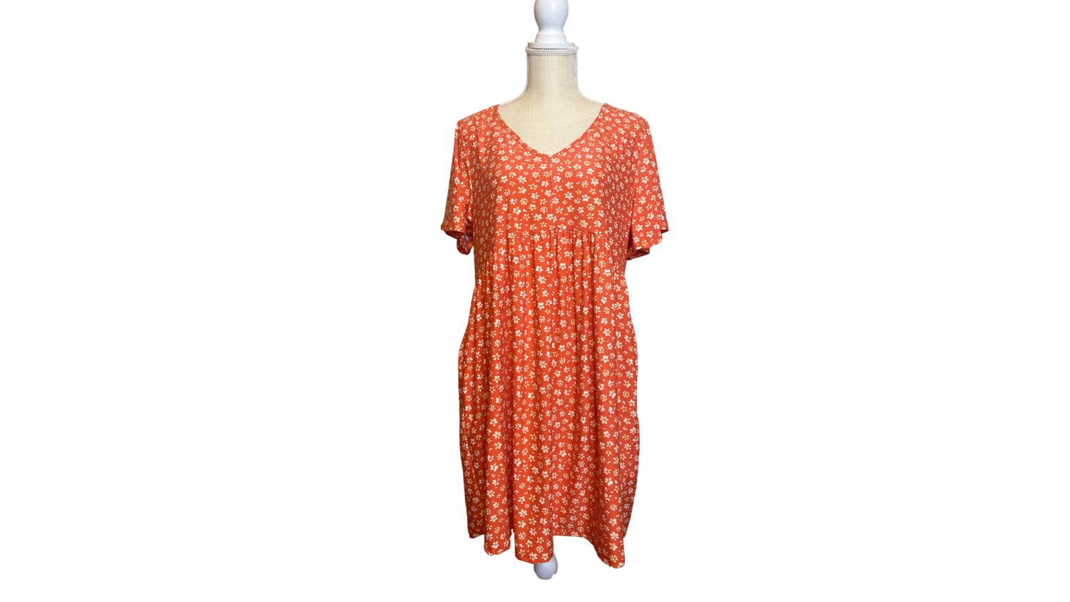 Coral Ditzy Floral V Neck Midi Dress, Size: 2X