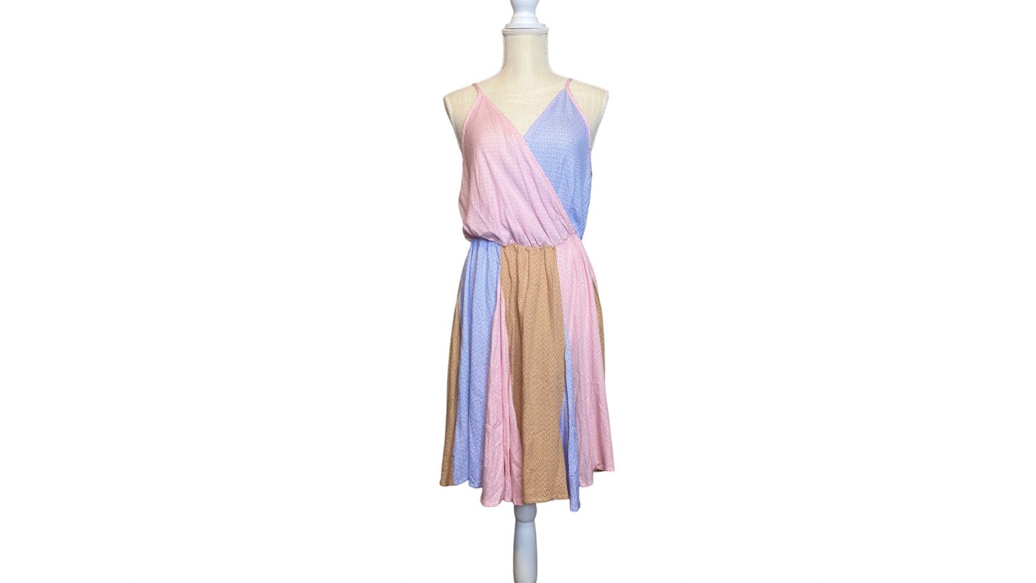 Pink/Blue Rayon Ditzy Floral Surplice Sleeveless Dress, Size: L