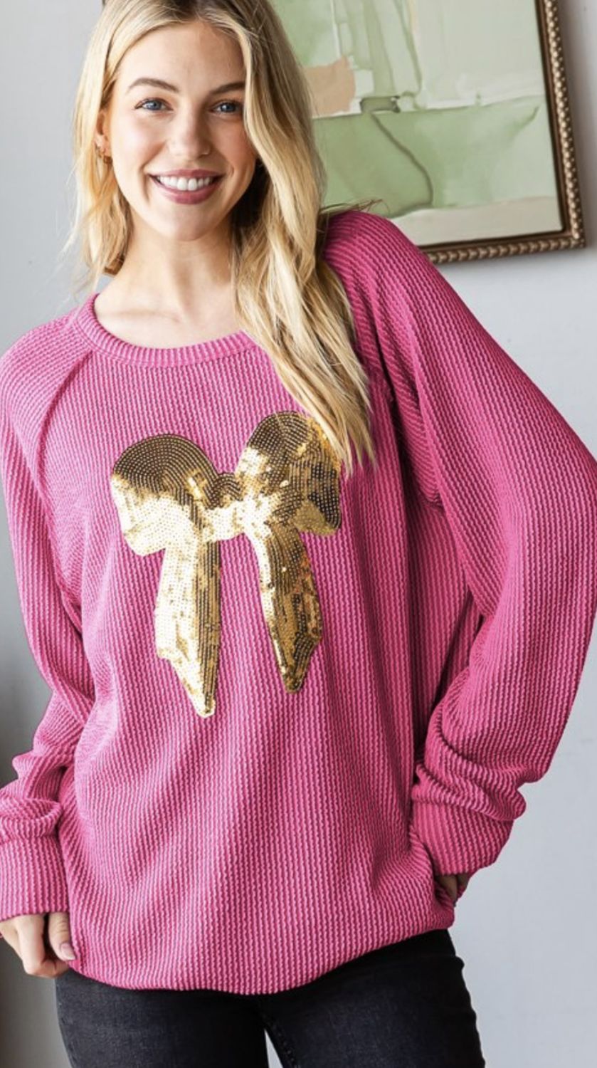Bow Long Sleeve Top, Colour: Hot Pink, Size: 2X