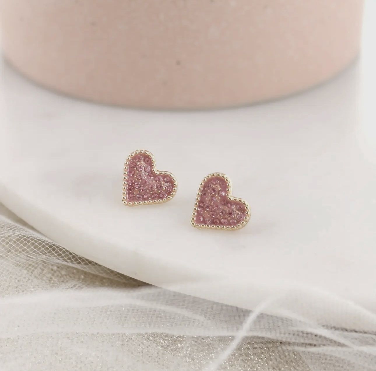 Pink Crystal &amp; Gold Heart Stud Earrings