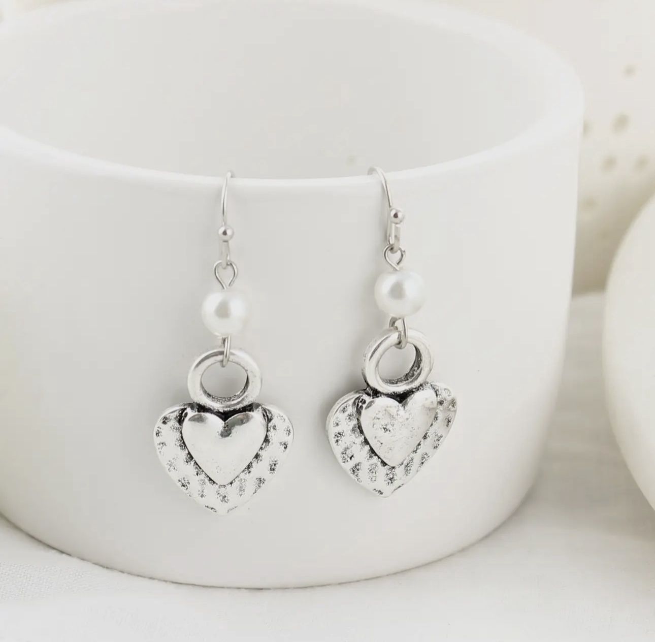 Silver Heart &amp; Pearl Earrings