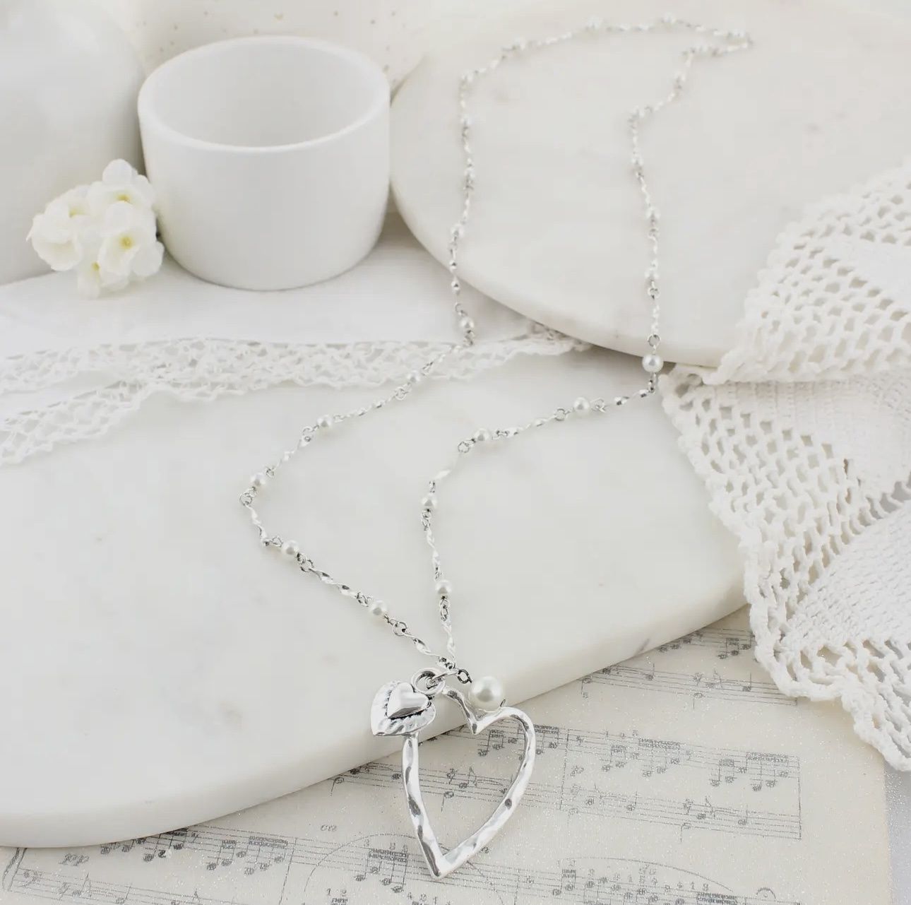Silver Heart &amp; Pearl Necklace