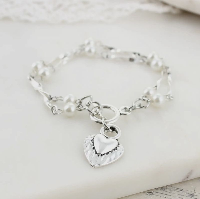 Silver Heart &amp; Pearl Toggle Bracelet