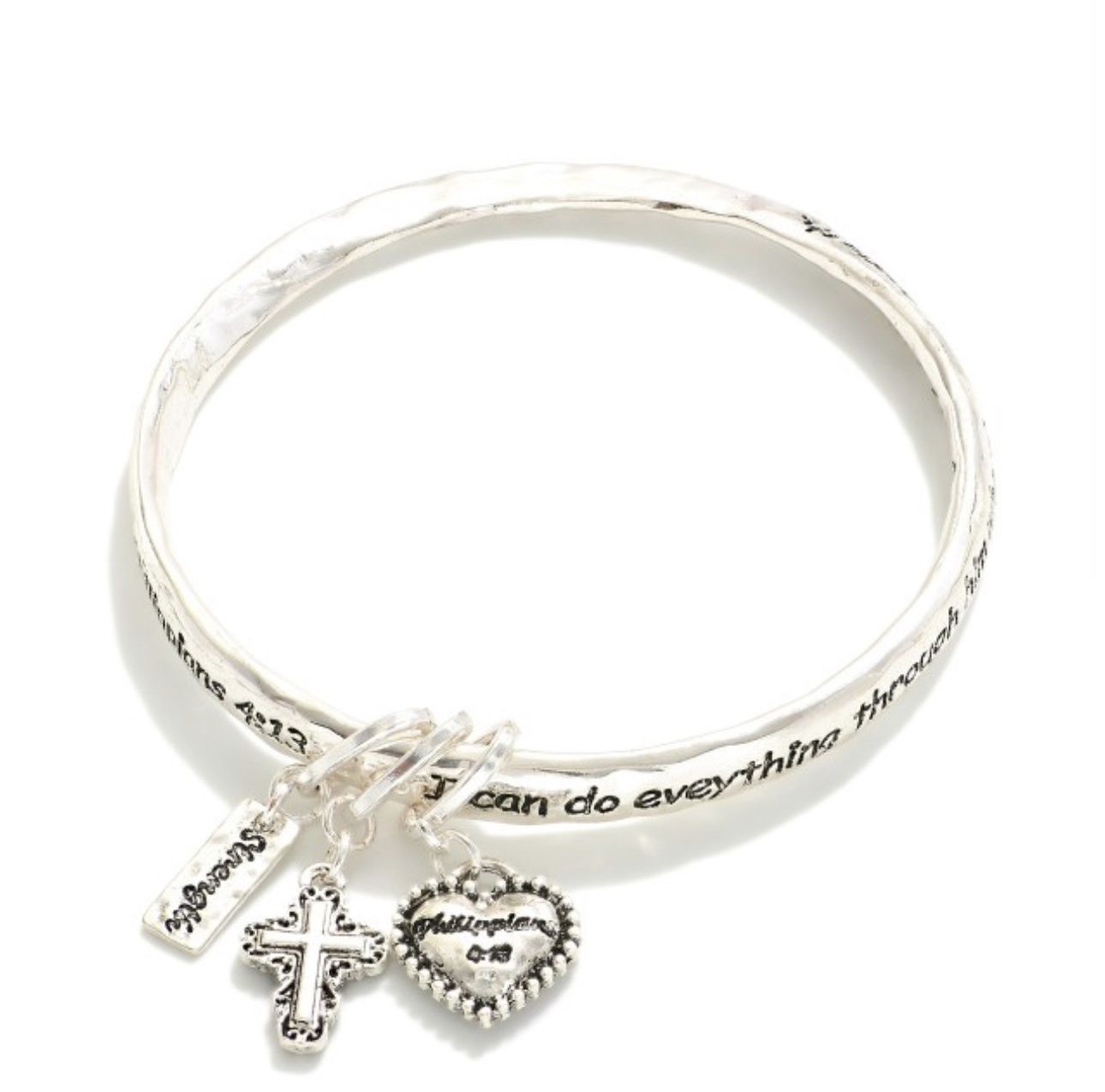 &quot;Philippians 4:13&quot; Heart &amp; Cross Charm Bracelet, Colour: Silver