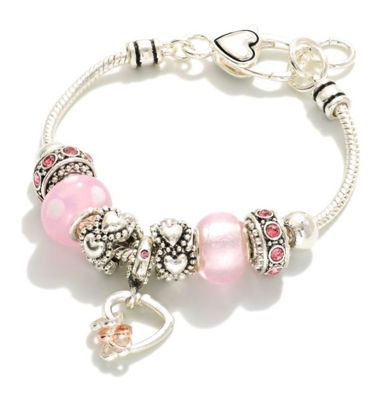Pink &amp; Silver Bracelet w/Heart Charm and Rhinestones Bracelet
